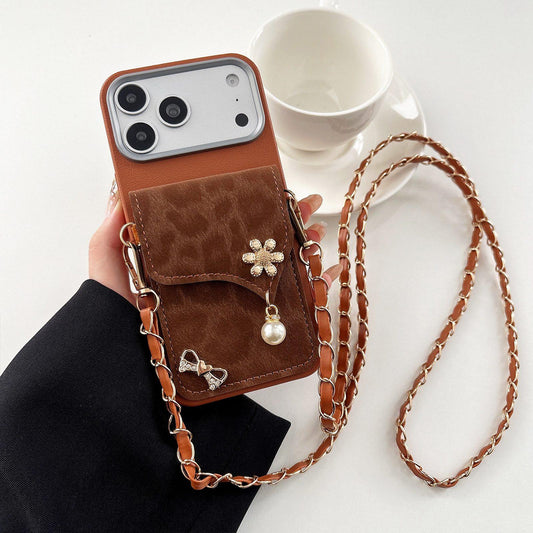 Compatible with iPhone 18 Pro Max Leather Leopard Print Card Bag Phone Case with Crossbody Chain - Brown