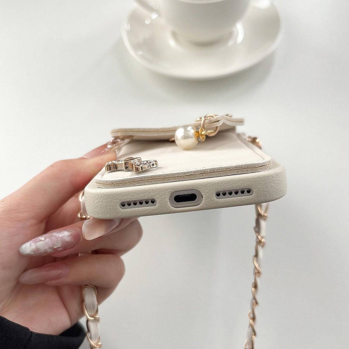 Compatible with iPhone 18 Pro Max Leather Leopard Print Card Bag Phone Case with Crossbody Chain - Apricot