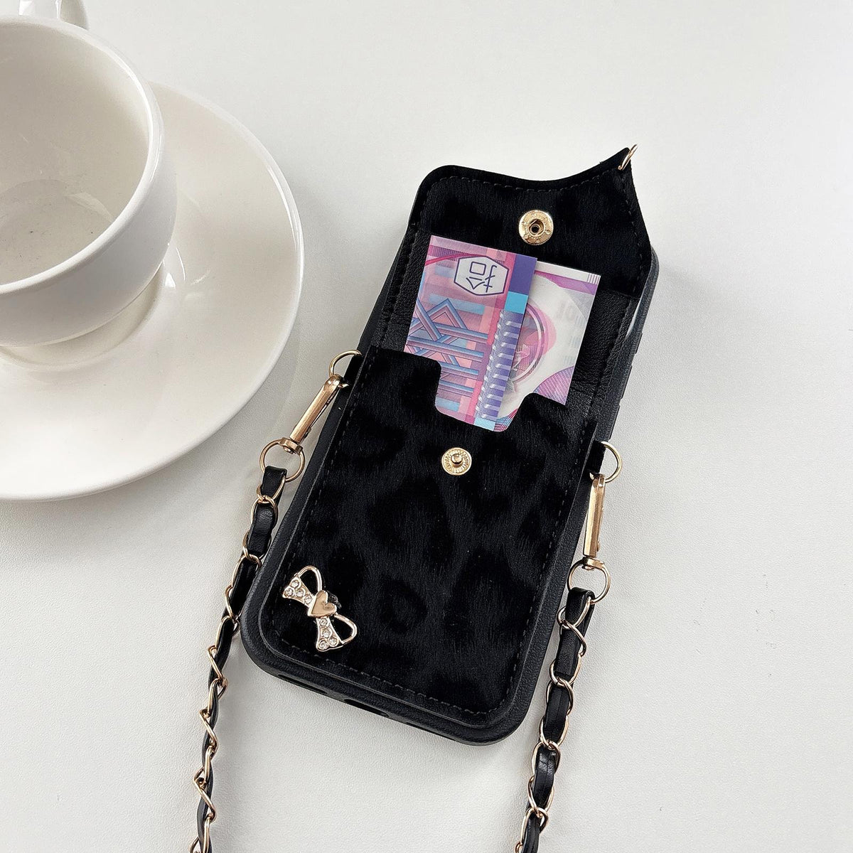 Compatible with iPhone 18 Pro Max Leather Leopard Print Card Bag Phone Case with Crossbody Chain - Apricot