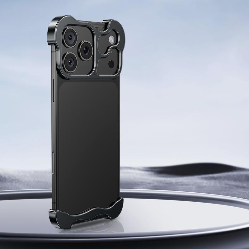 Compatible with iPhone 18 Pro Max Frameless Metal Corner Pad Phone Case with Lens Film - Black