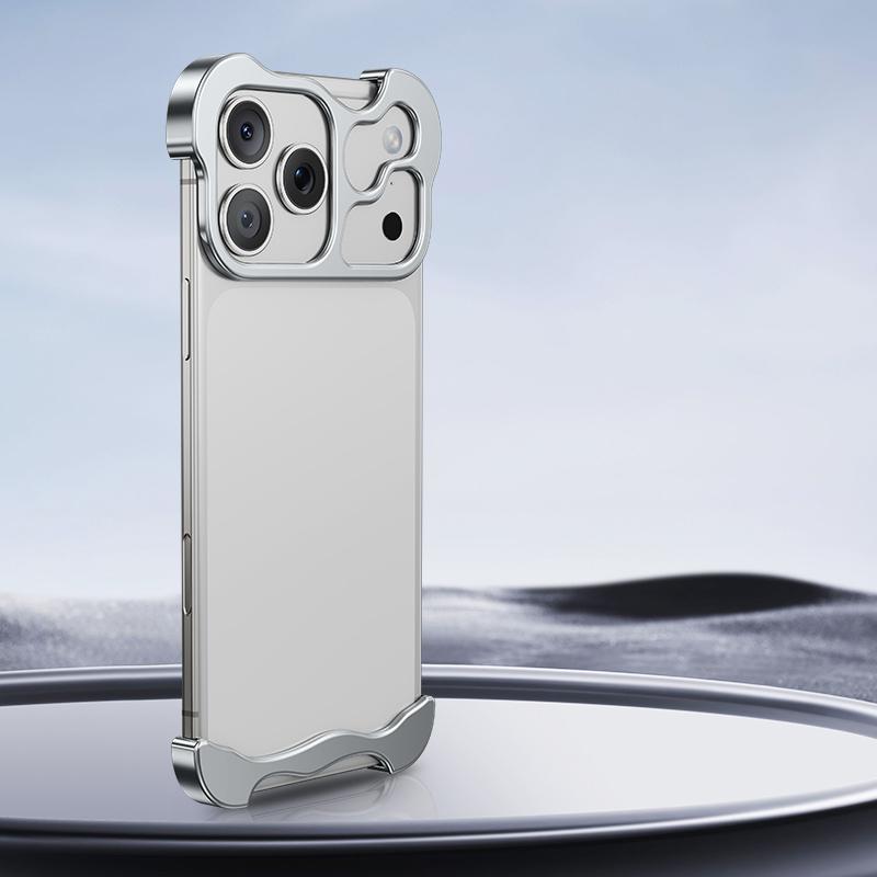 Compatible with iPhone 18 Pro Max Frameless Metal Corner Pad Phone Case with Lens Film - Silver