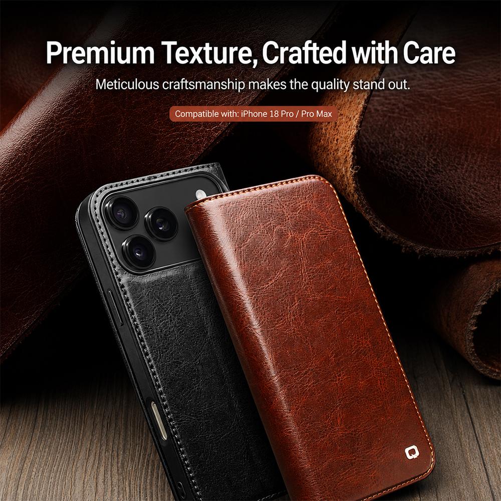 Compatible with iPhone 18 Pro Max QIALINO Classic  Leather Phone Case - Brown