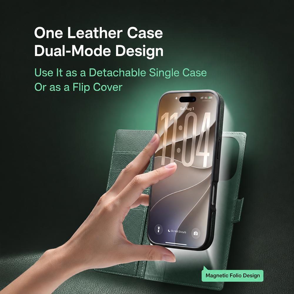Compatible with iPhone 18 Pro QIALINO 2-in-1 Detachable Magnetic  Leather Phone Case - Green