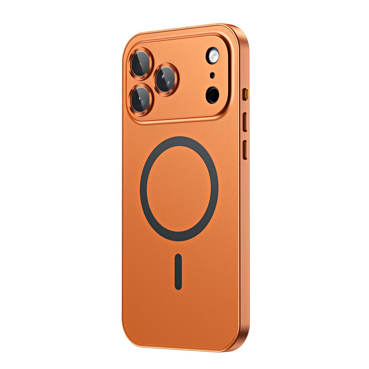 Compatible with iPhone 18 Pro Max Spring Buckle MagSafe Magnetic Metal Phone Case - Orange