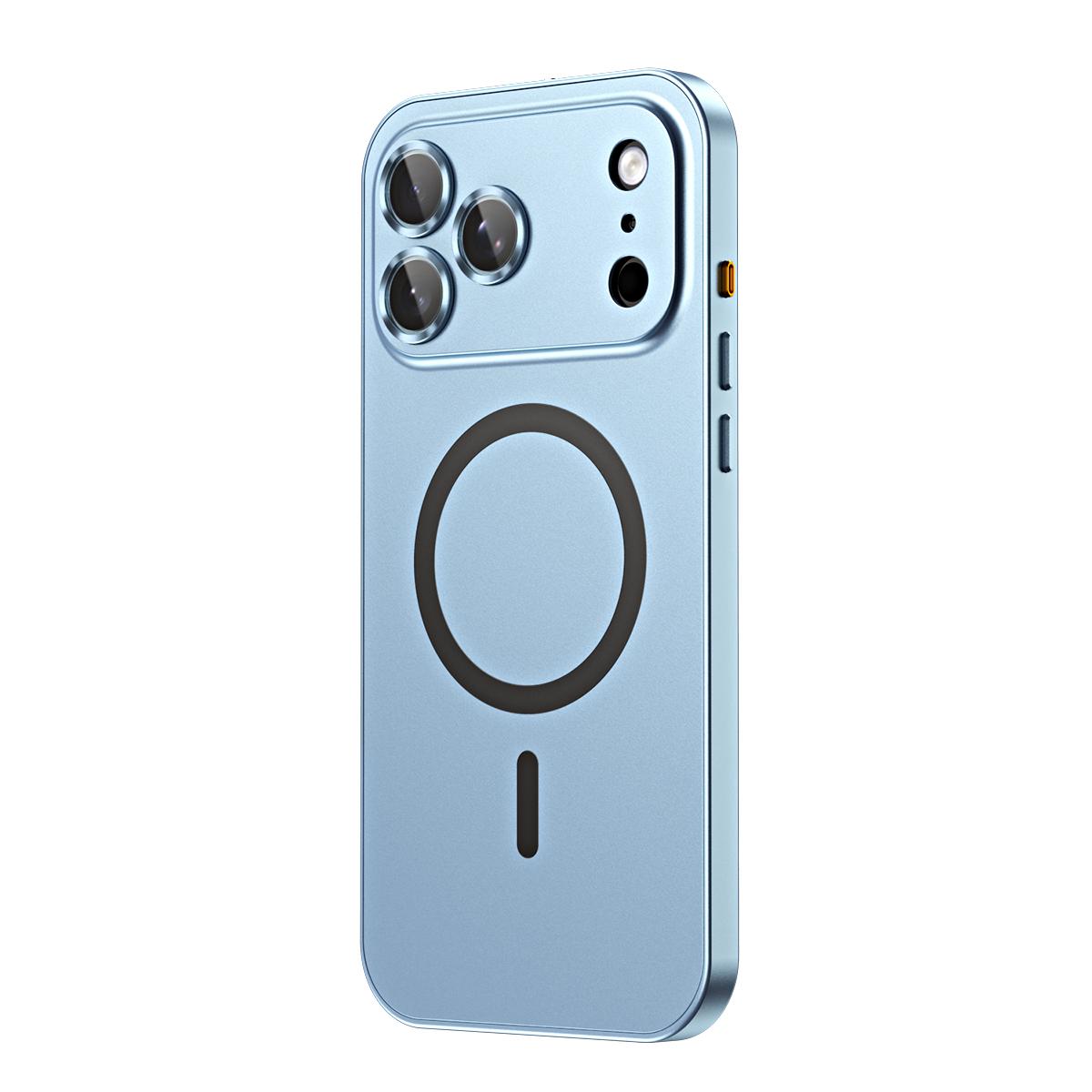 Compatible with iPhone 18 Pro Max Spring Buckle MagSafe Magnetic Metal Phone Case - Light Blue