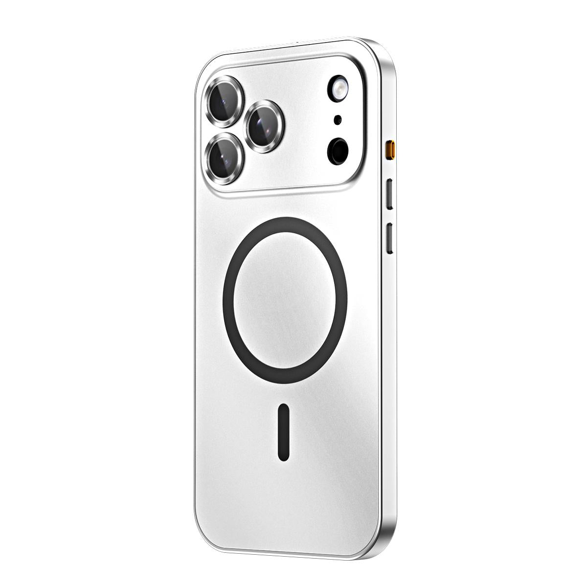Compatible with iPhone 18 Pro Spring Buckle MagSafe Magnetic Metal Phone Case - Silver