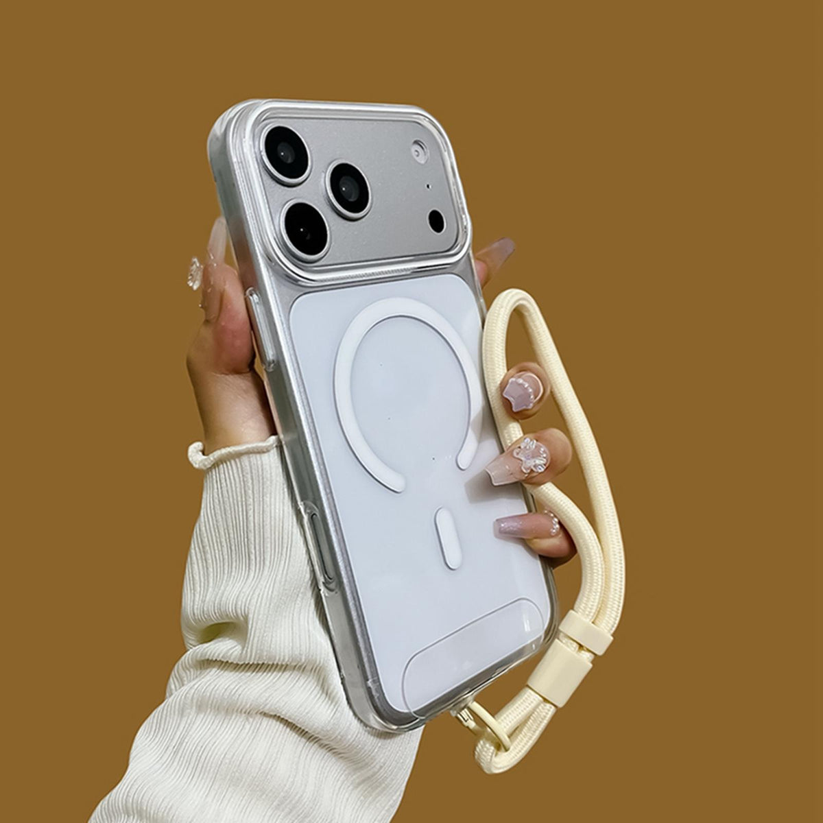 Compatible with iPhone 18 Pro Question Mark Clear PC Magnetic Phone Case with Lanyard - Jasmine White