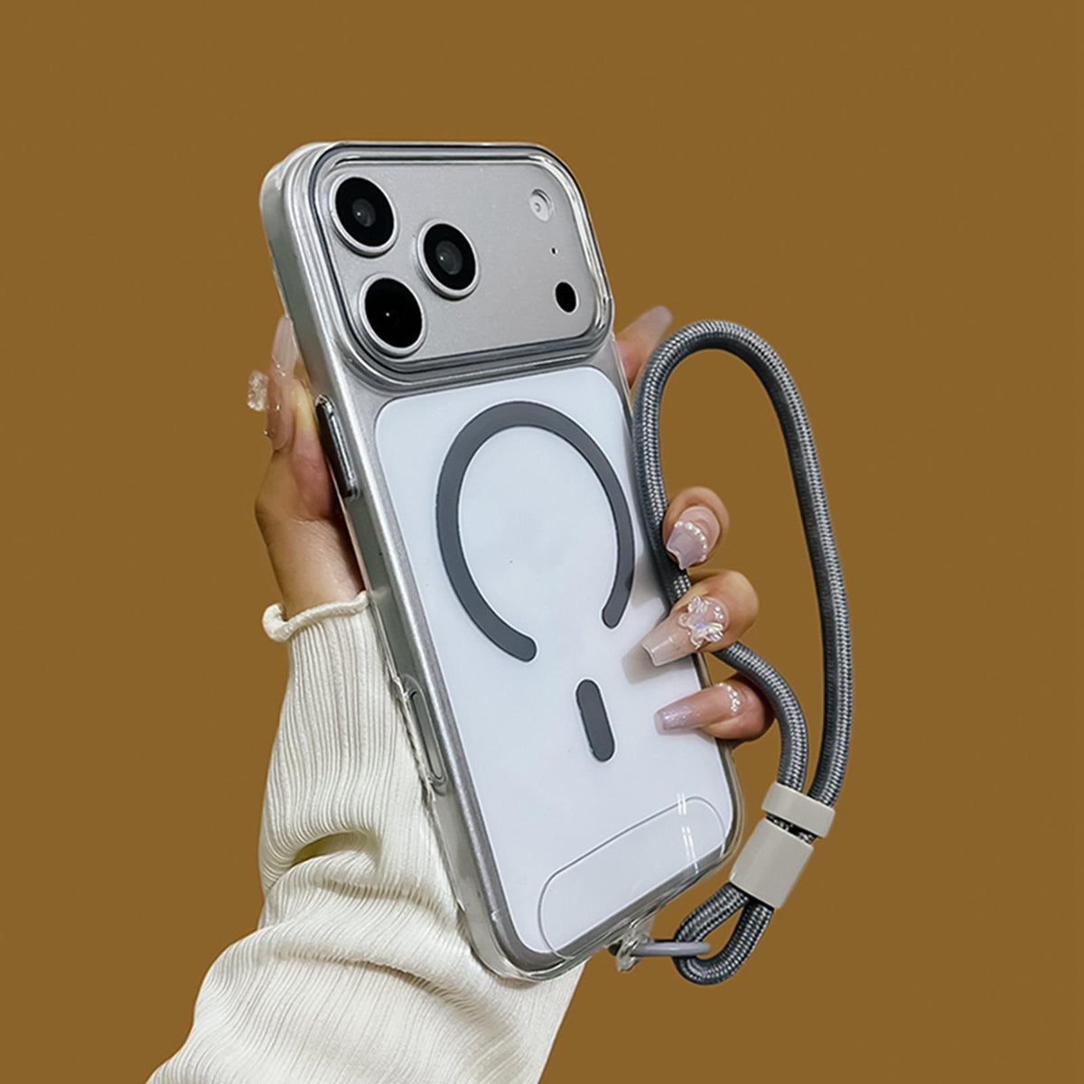 Compatible with iPhone 18 Pro Question Mark Clear PC Magnetic Phone Case with Lanyard - Space Gray