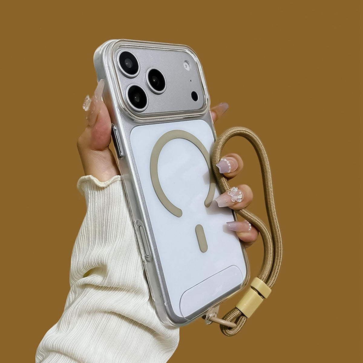 Compatible with iPhone 18 Pro Max Question Mark Clear PC Magnetic Phone Case with Lanyard - Desert Gold