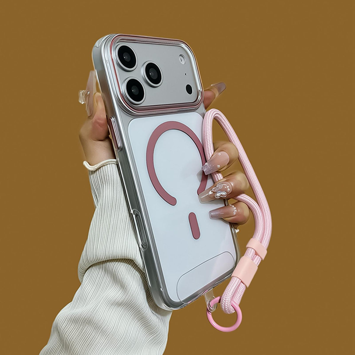 Compatible with iPhone 18 Pro Max Question Mark Clear PC Magnetic Phone Case with Lanyard - Elegant Pink