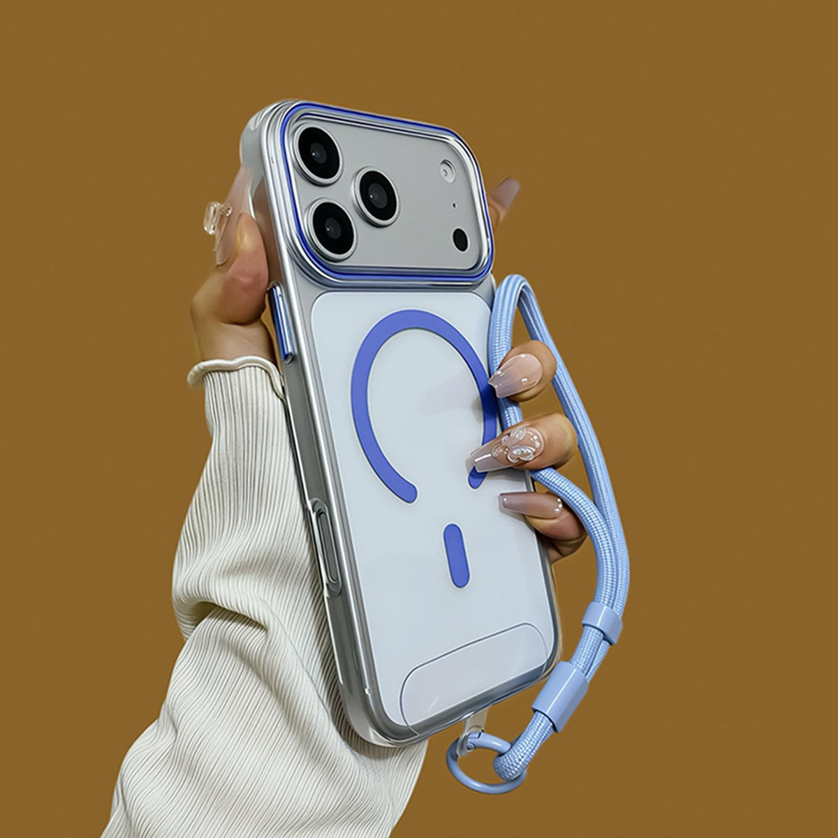 Compatible with iPhone 18 Pro Max Question Mark Clear PC Magnetic Phone Case with Lanyard - Glacier Blue