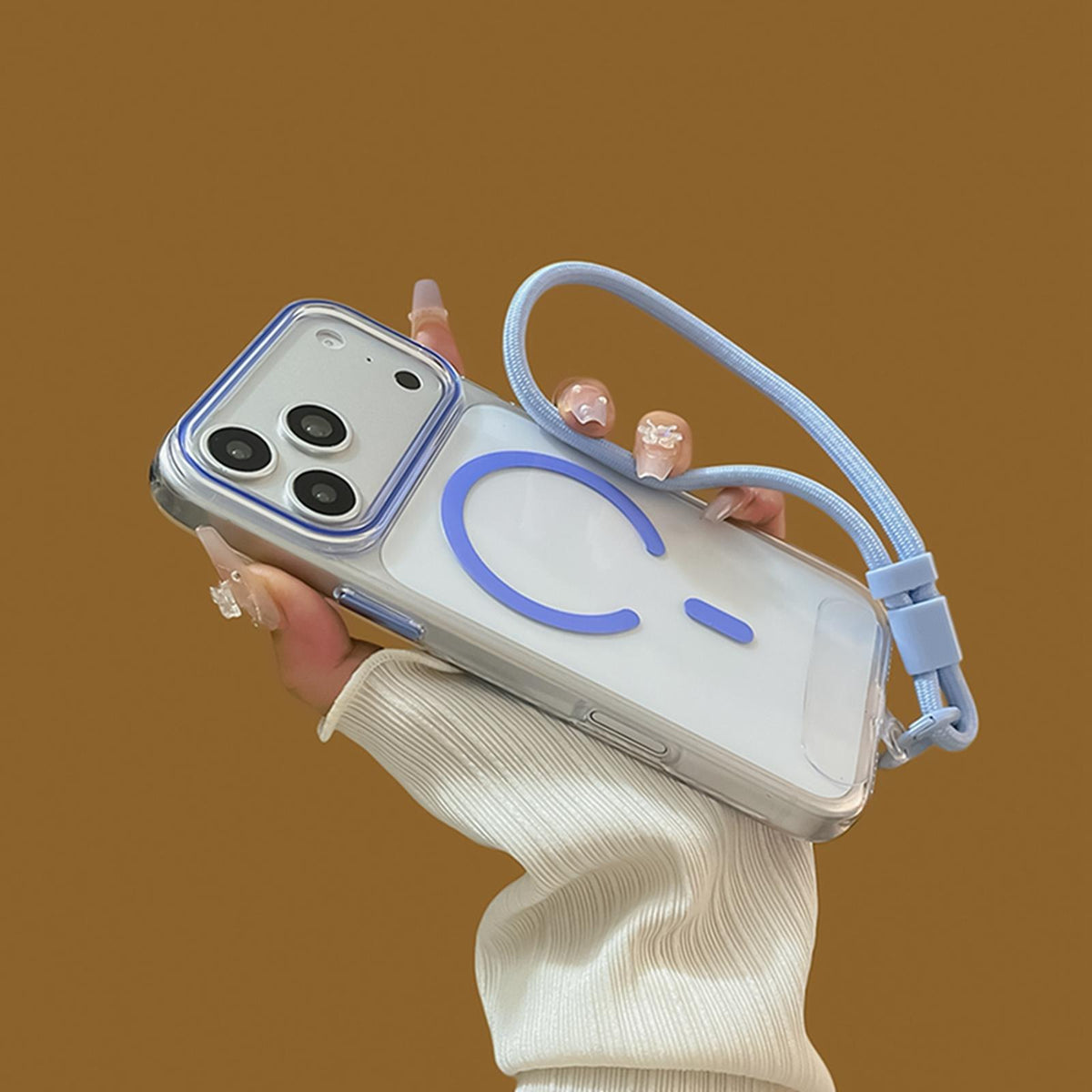 Compatible with iPhone 18 Pro Max Question Mark Clear PC Magnetic Phone Case with Lanyard - Glacier Blue