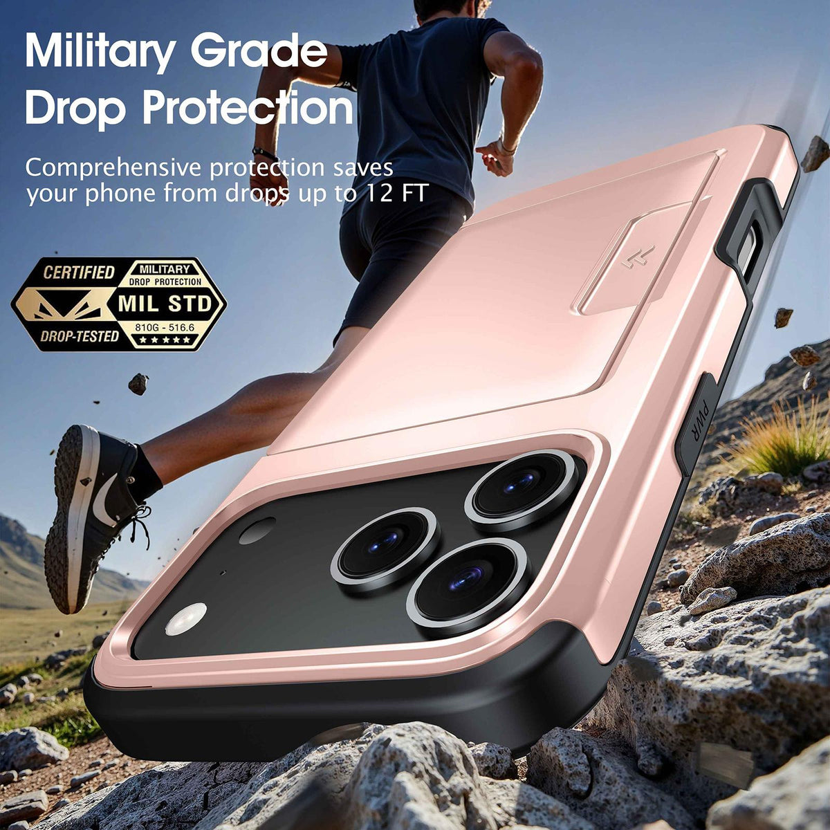 Compatible with iPhone 18 Pro Max Sliding Card Slot PC Dual-Layer TPU Phone Case - Rose Gold