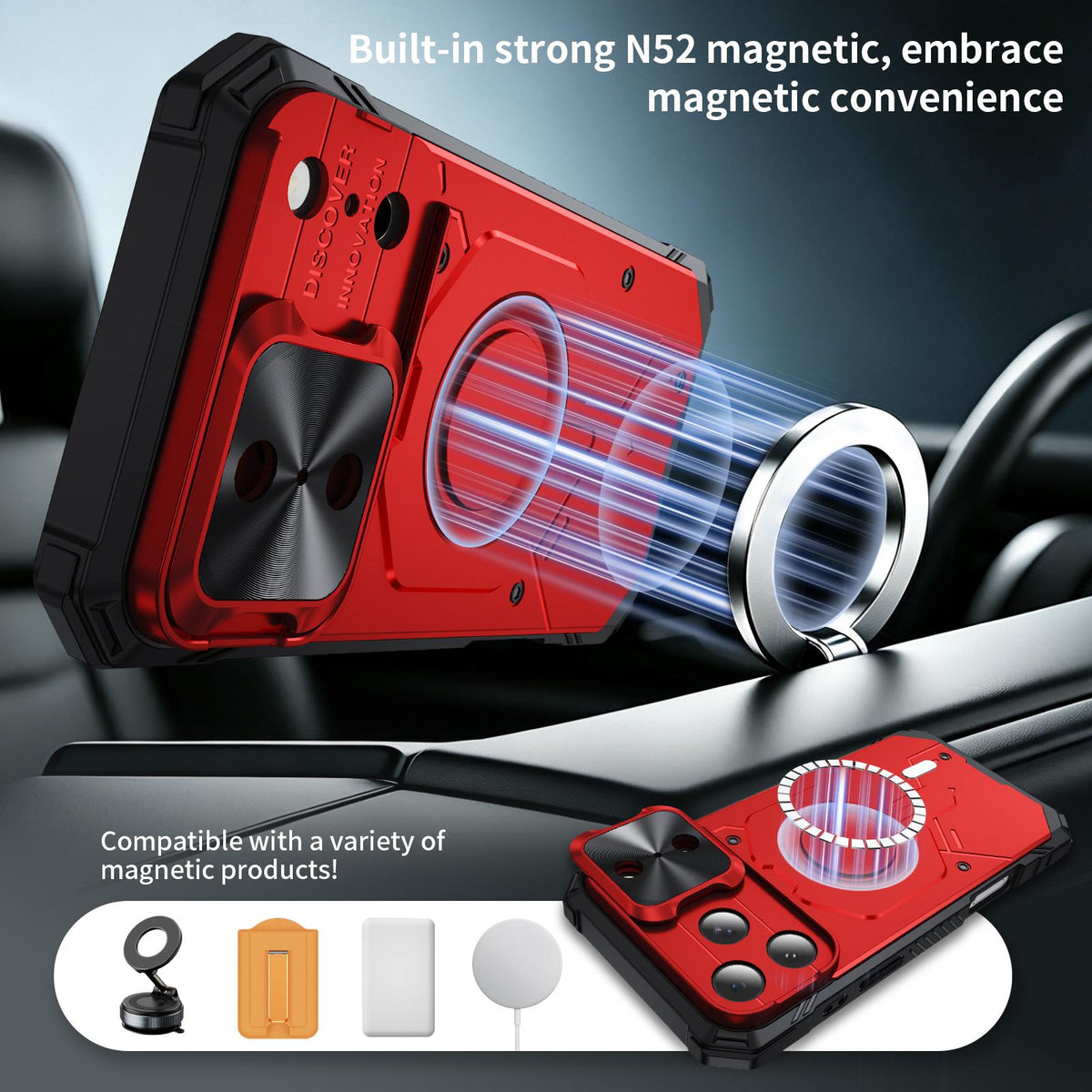 Compatible with iPhone 18 Pro Max Mecha Magnetic Sliding Camshield Phone Case - Red