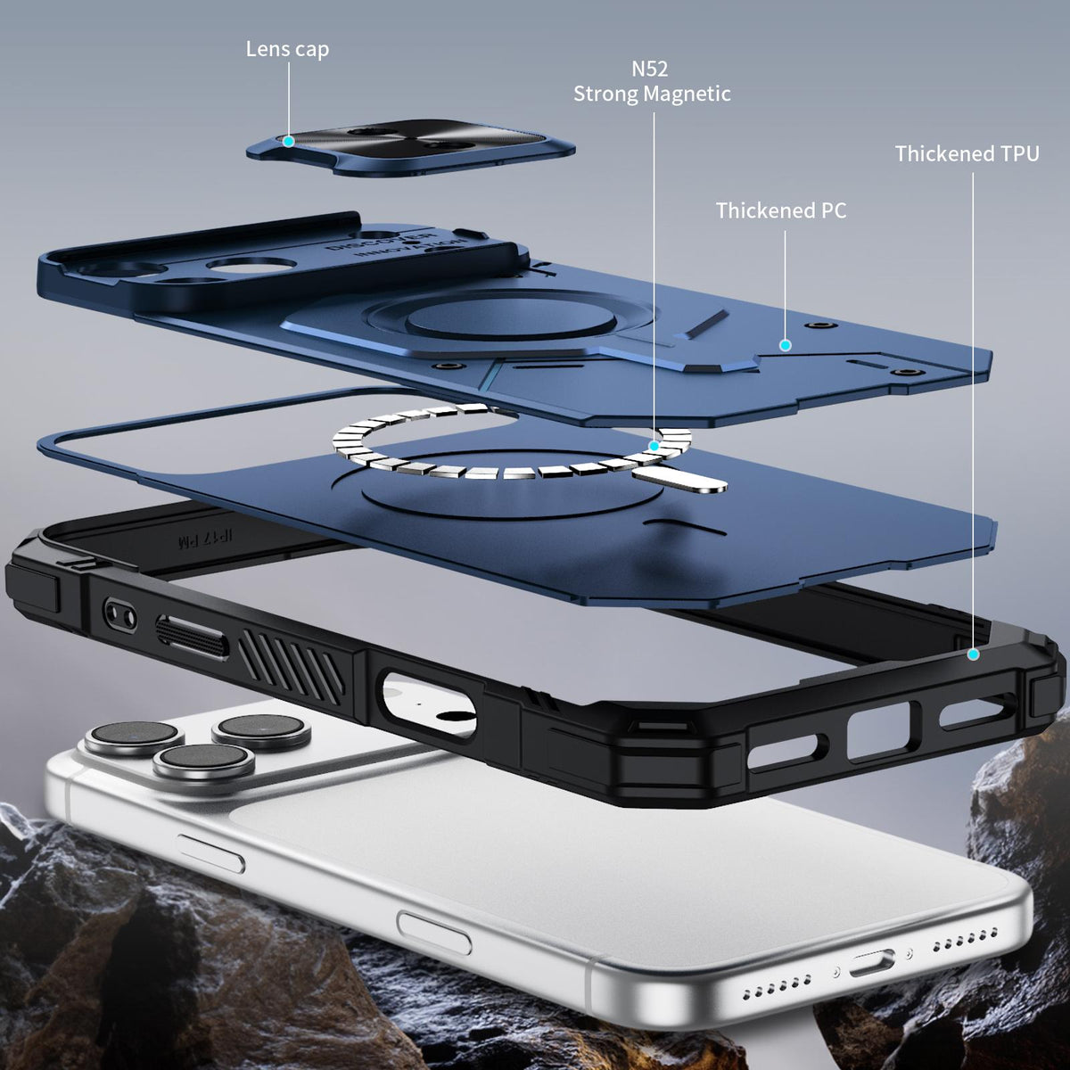 Compatible with iPhone 18 Pro Max Mecha Magnetic Sliding Camshield Phone Case - Blue