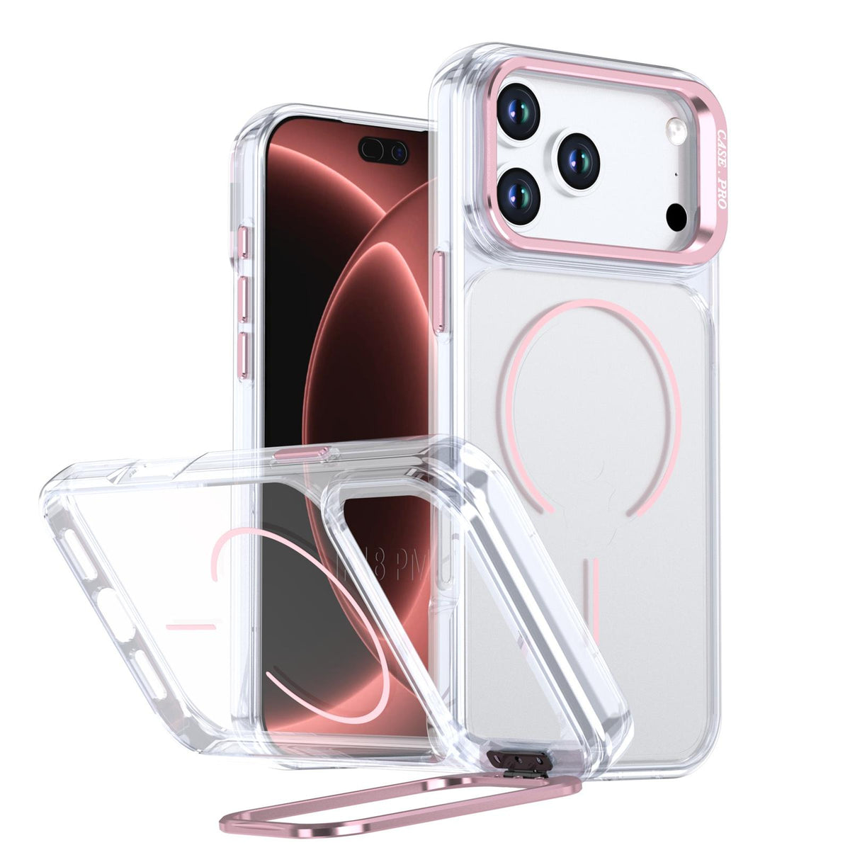 Compatible with iPhone 18 Pro Max Bright Color Clear MagSafe Lens Frame Holder Phone Case - Pink
