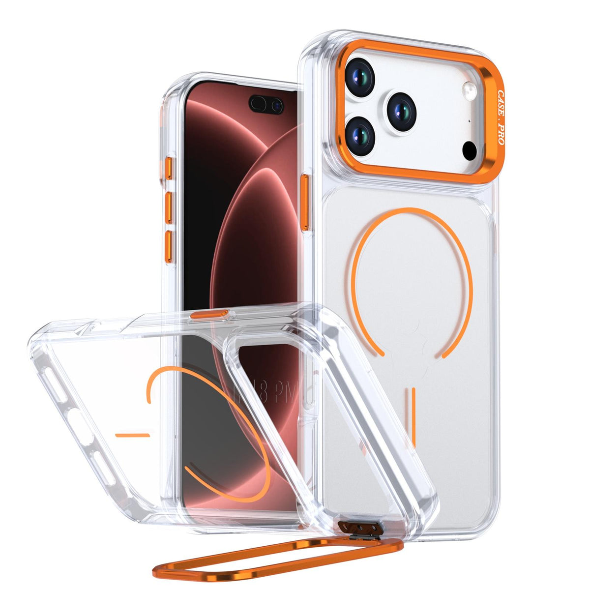 Compatible with iPhone 18 Pro Max Bright Color Clear MagSafe Lens Frame Holder Phone Case - Orange