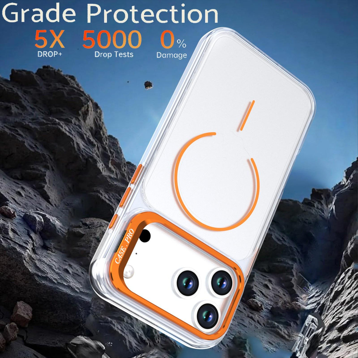 Compatible with iPhone 18 Pro Max Bright Color Clear MagSafe Lens Frame Holder Phone Case - Orange