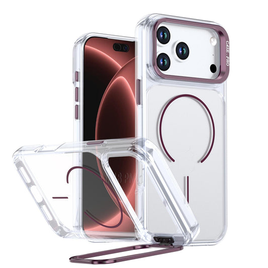 Compatible with iPhone 18 Pro Max Bright Color Clear MagSafe Lens Frame Holder Phone Case - Wine Red