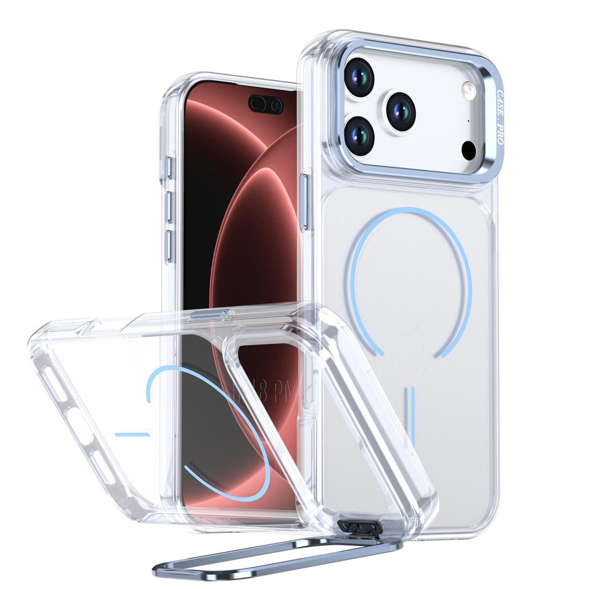 Compatible with iPhone 18 Pro Max Bright Color Clear MagSafe Lens Frame Holder Phone Case - Light Blue