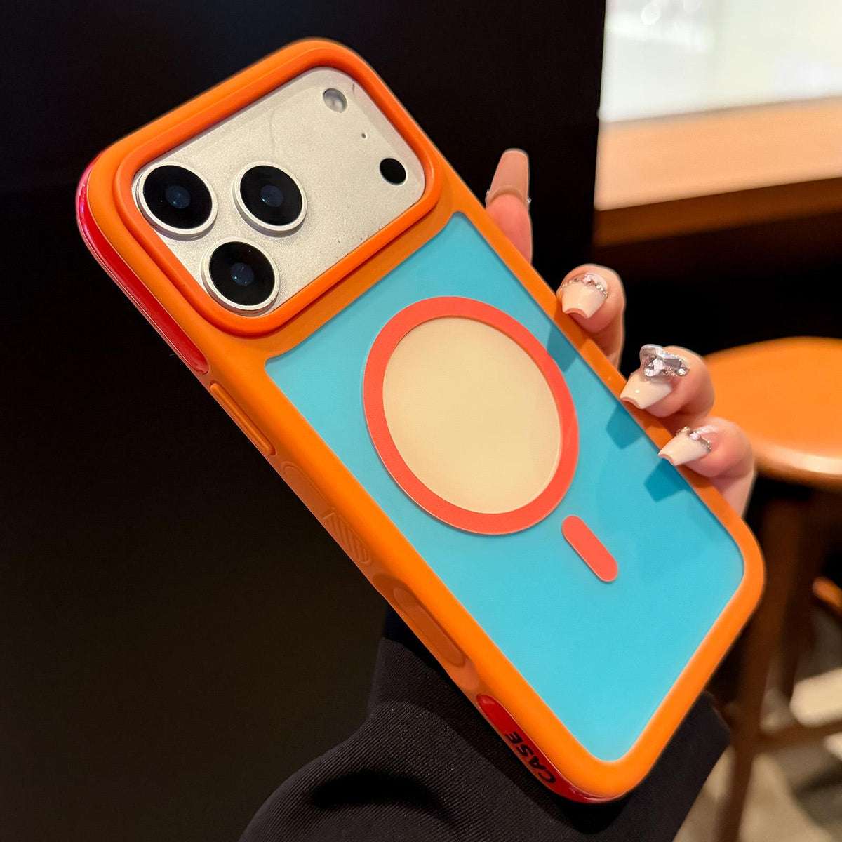 Compatible with iPhone 18 Pro Color Blocked 2 in 1 PC Dual-Layer TPU Magnetic Phone Case - Orange + Blue