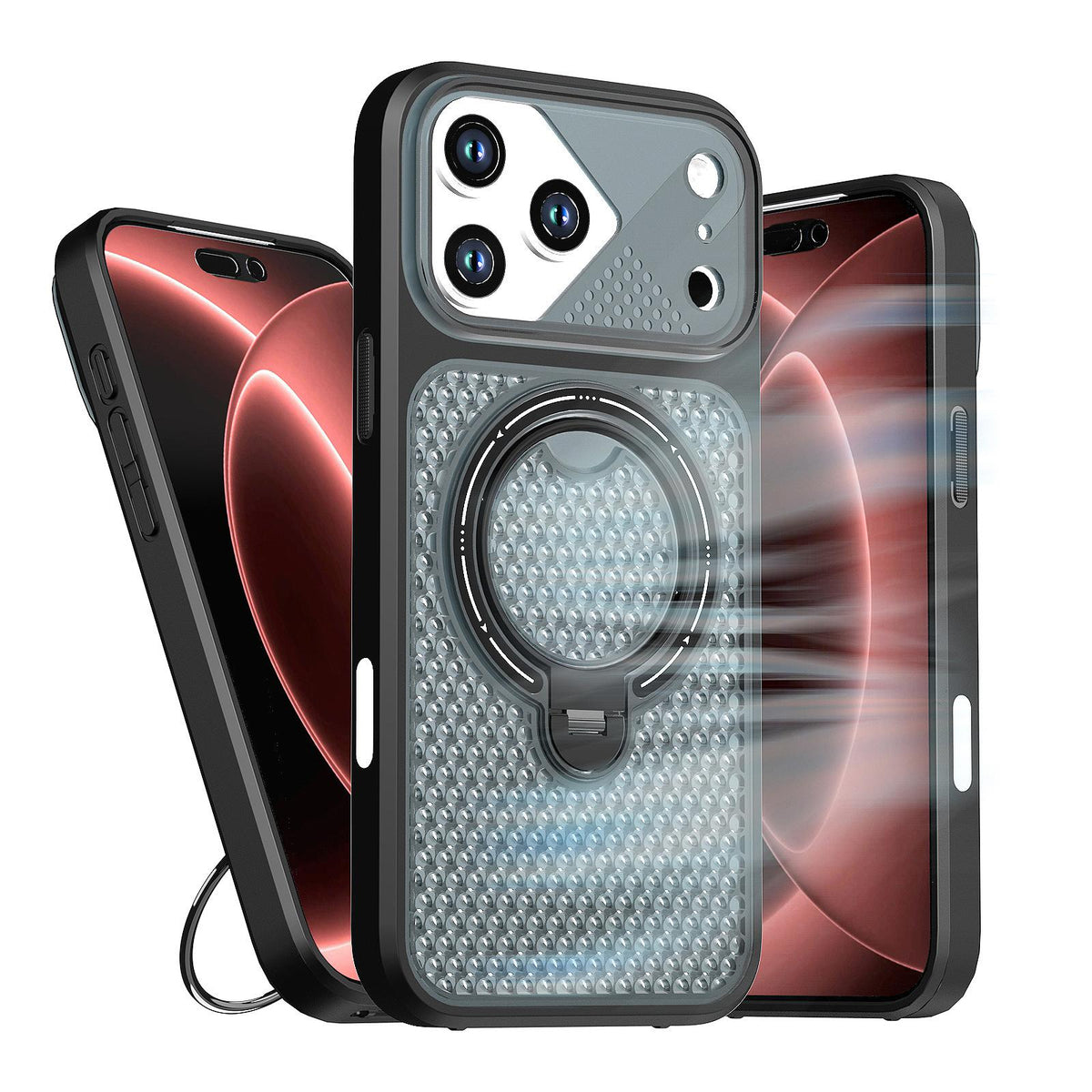Compatible with iPhone 18 Pro Max Colored Cooling 360 Degree Rotation Ring Holder Magnetic Phone Case - Black