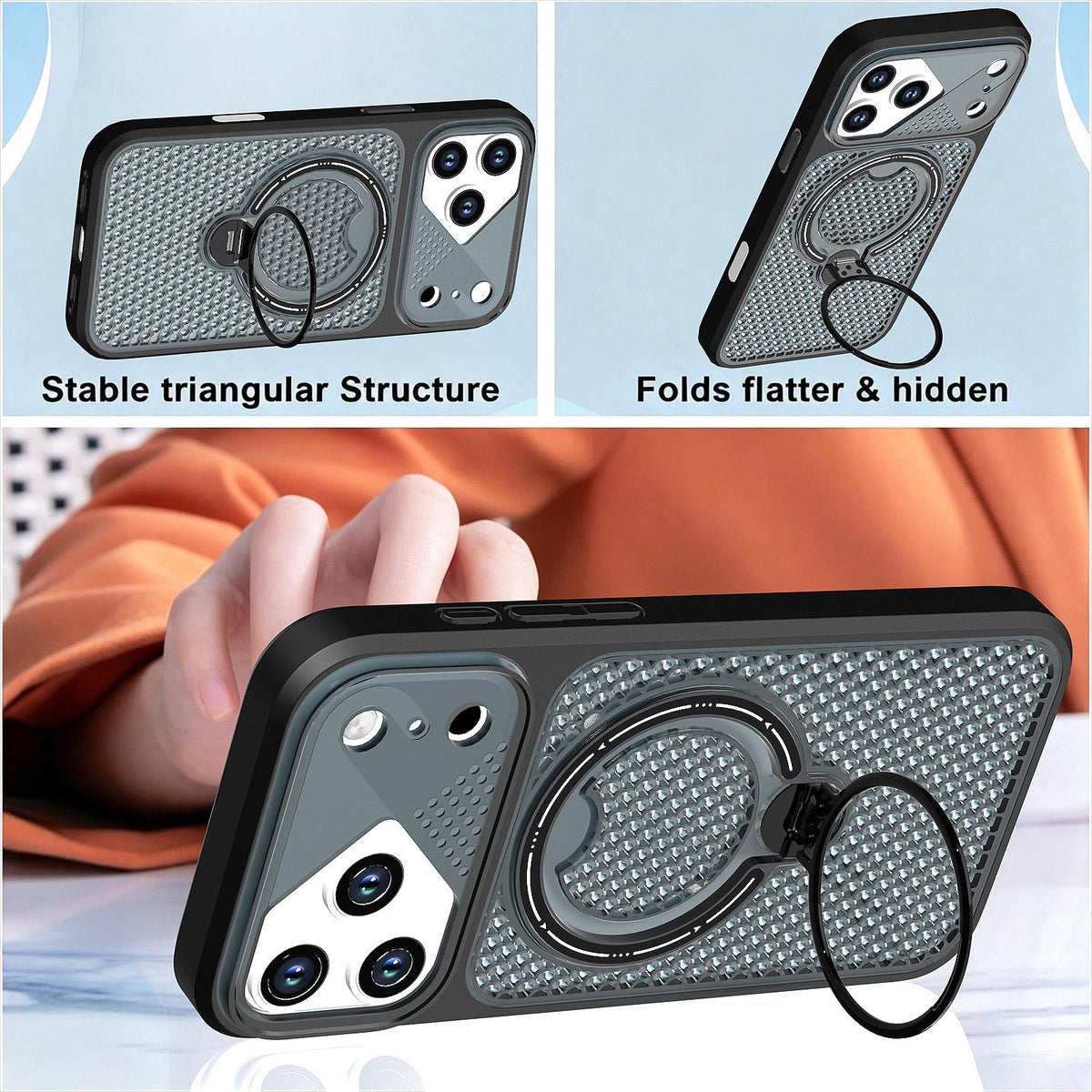 Compatible with iPhone 18 Pro Max Colored Cooling 360 Degree Rotation Ring Holder Magnetic Phone Case - Black