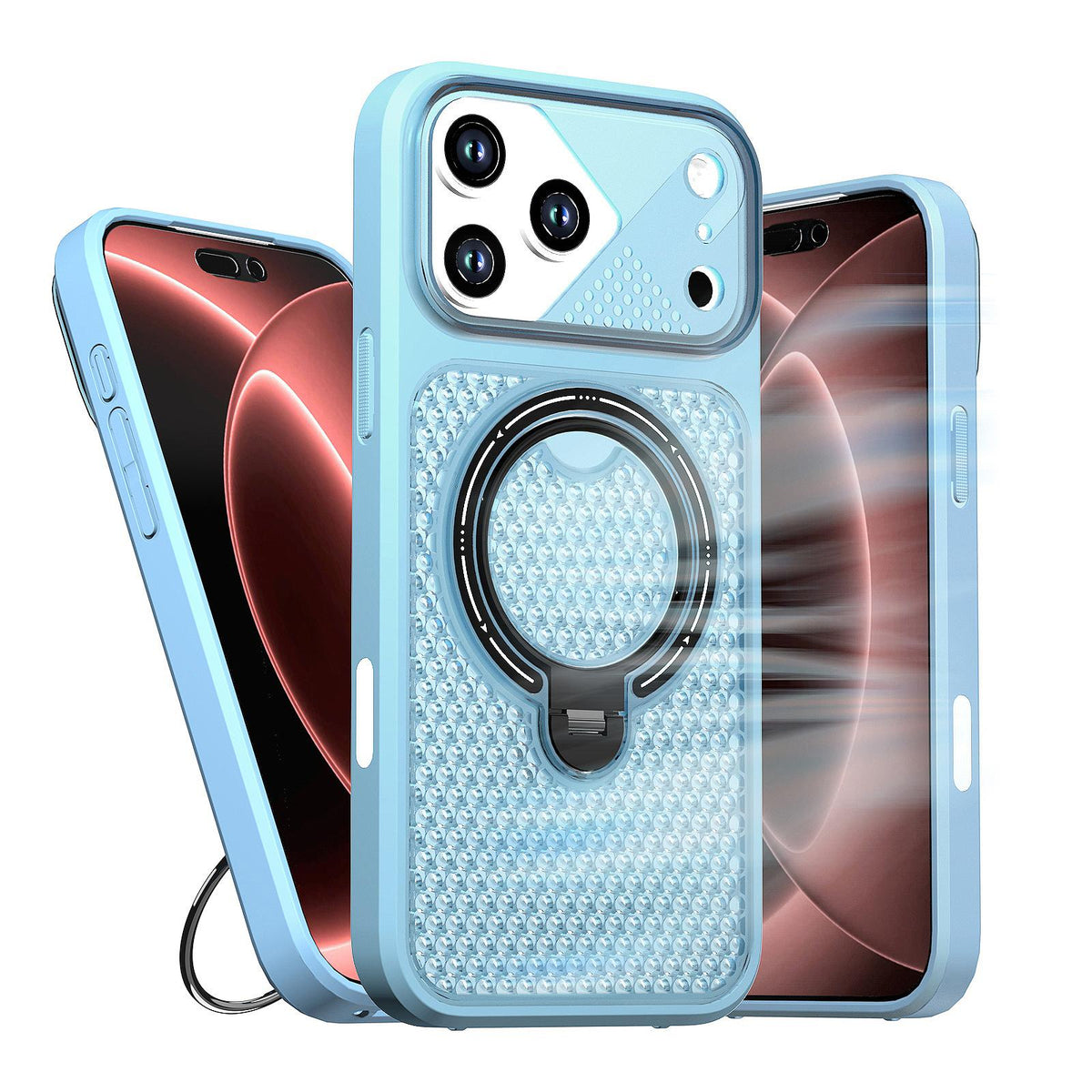 Compatible with iPhone 18 Pro Max Colored Cooling 360 Degree Rotation Ring Holder Magnetic Phone Case - Blue