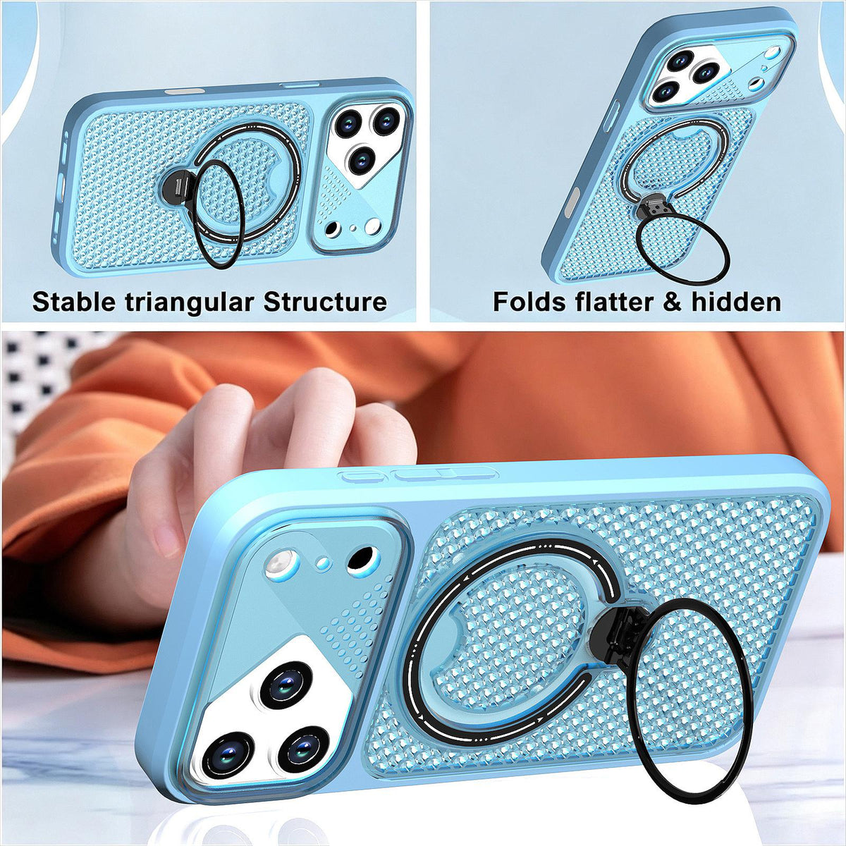Compatible with iPhone 18 Pro Max Colored Cooling 360 Degree Rotation Ring Holder Magnetic Phone Case - Blue