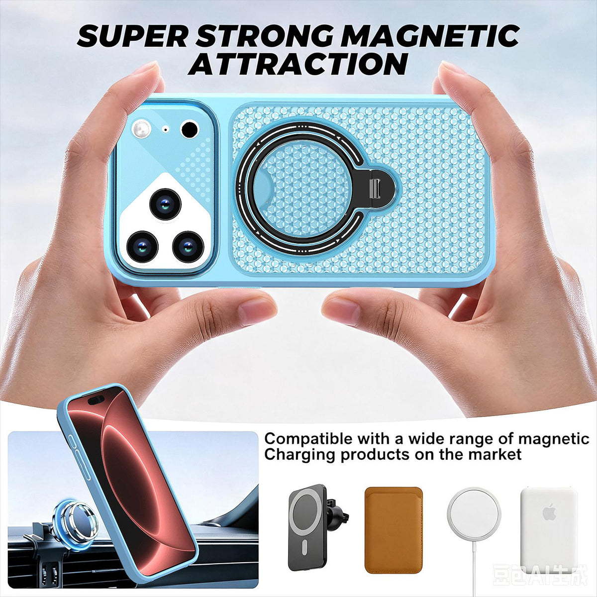 Compatible with iPhone 18 Pro Max Colored Cooling 360 Degree Rotation Ring Holder Magnetic Phone Case - Blue