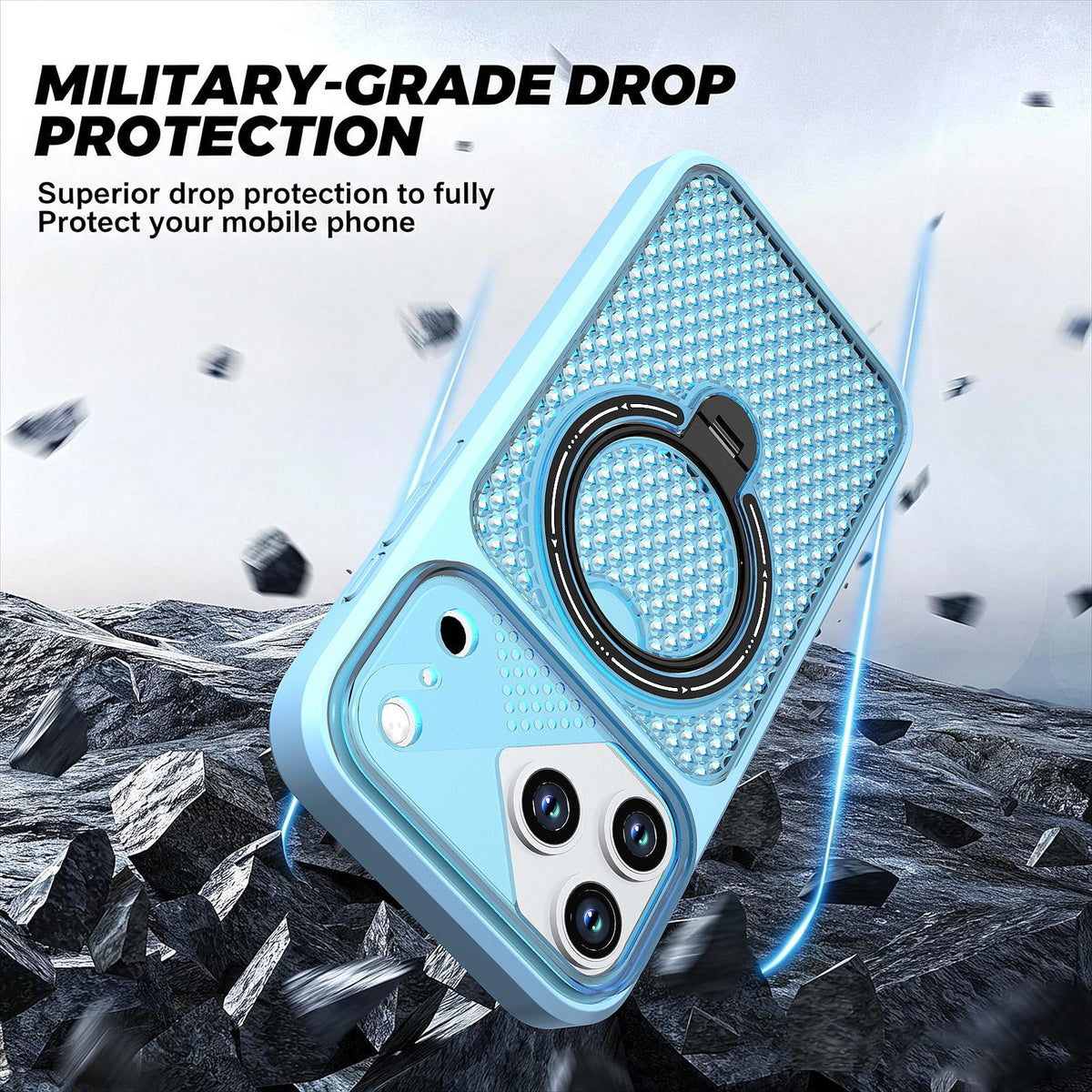 Compatible with iPhone 18 Pro Max Colored Cooling 360 Degree Rotation Ring Holder Magnetic Phone Case - Blue