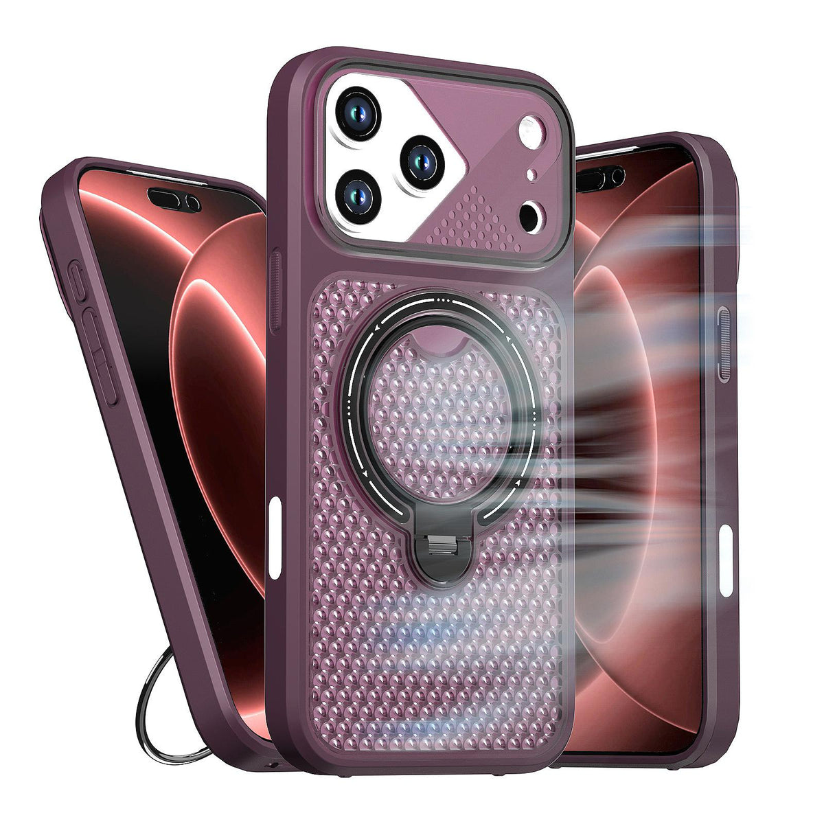 Compatible with iPhone 18 Pro Max Colored Cooling 360 Degree Rotation Ring Holder Magnetic Phone Case - Red