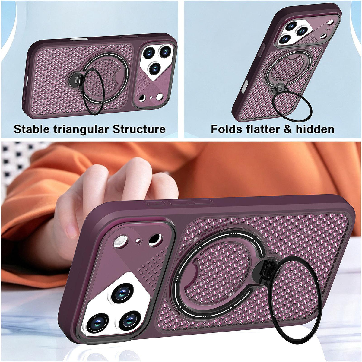 Compatible with iPhone 18 Pro Max Colored Cooling 360 Degree Rotation Ring Holder Magnetic Phone Case - Red