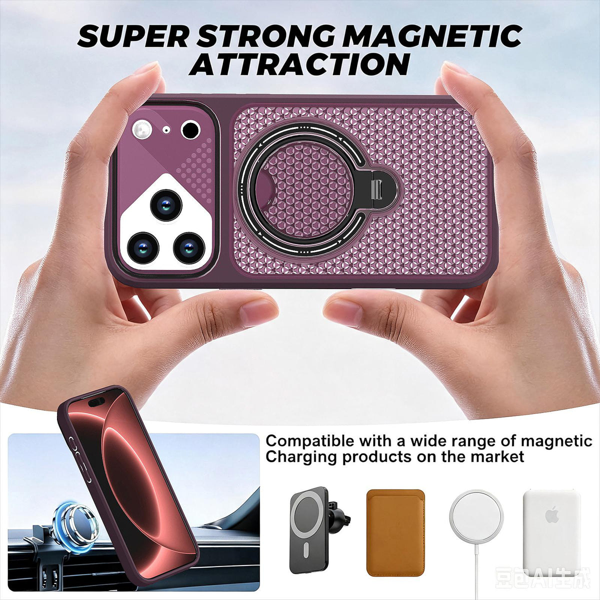 Compatible with iPhone 18 Pro Max Colored Cooling 360 Degree Rotation Ring Holder Magnetic Phone Case - Red