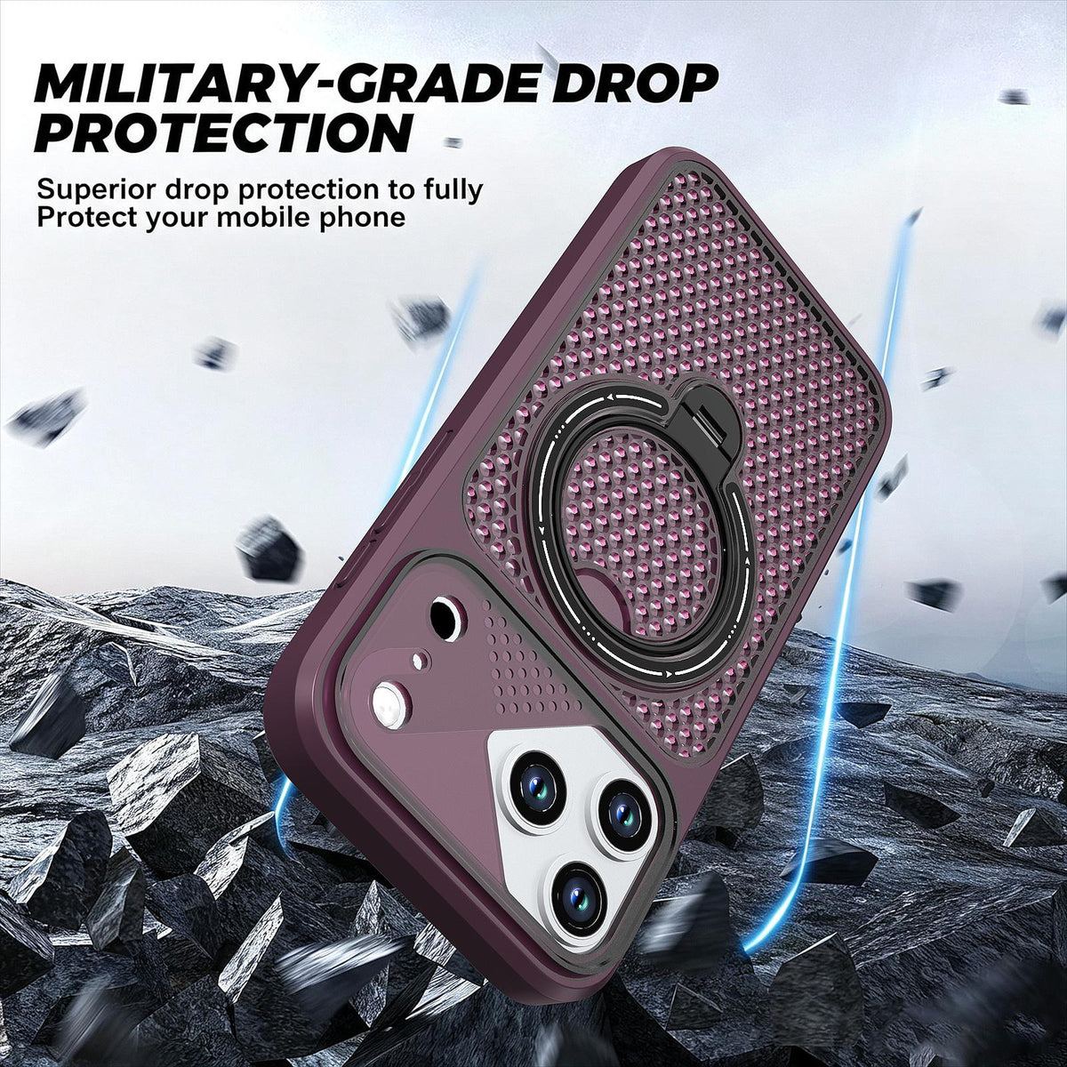 Compatible with iPhone 18 Pro Max Colored Cooling 360 Degree Rotation Ring Holder Magnetic Phone Case - Red