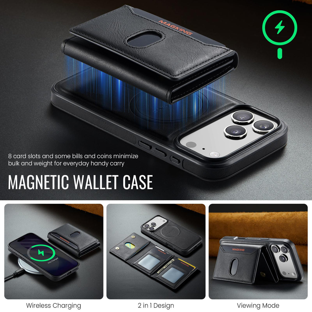 Compatible with iPhone 18 Pro Max MAGKING K5 Series RFID Tri-fold Card Bag Detachable Magnetic Phone Case - Black