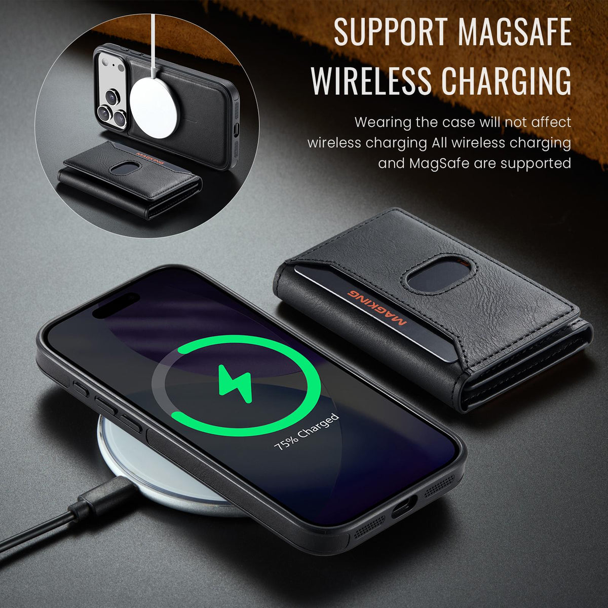 Compatible with iPhone 18 Pro Max MAGKING K5 Series RFID Tri-fold Card Bag Detachable Magnetic Phone Case - Black