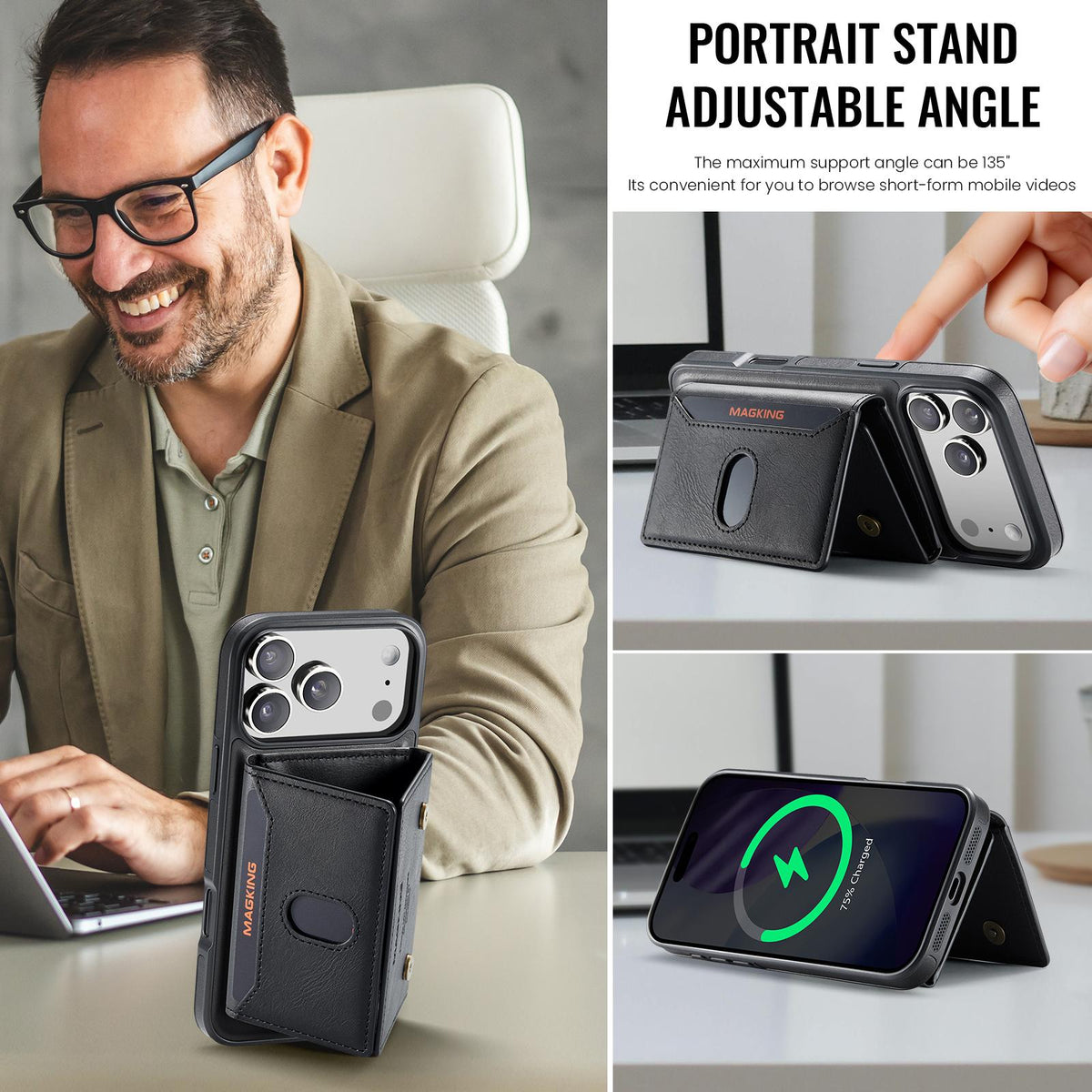 Compatible with iPhone 18 Pro Max MAGKING K5 Series RFID Tri-fold Card Bag Detachable Magnetic Phone Case - Black