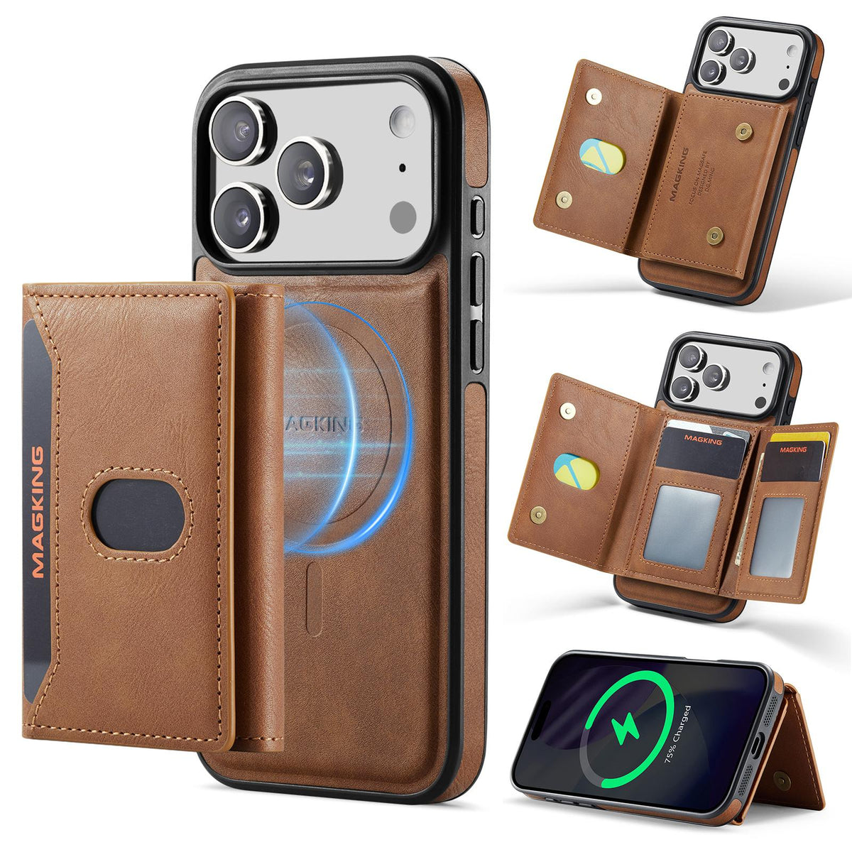 Compatible with iPhone 18 Pro Max MAGKING K5 Series RFID Tri-fold Card Bag Detachable Magnetic Phone Case - Brown