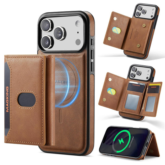 Compatible with iPhone 18 Pro Max MAGKING K5 Series RFID Tri-fold Card Bag Detachable Magnetic Phone Case - Brown