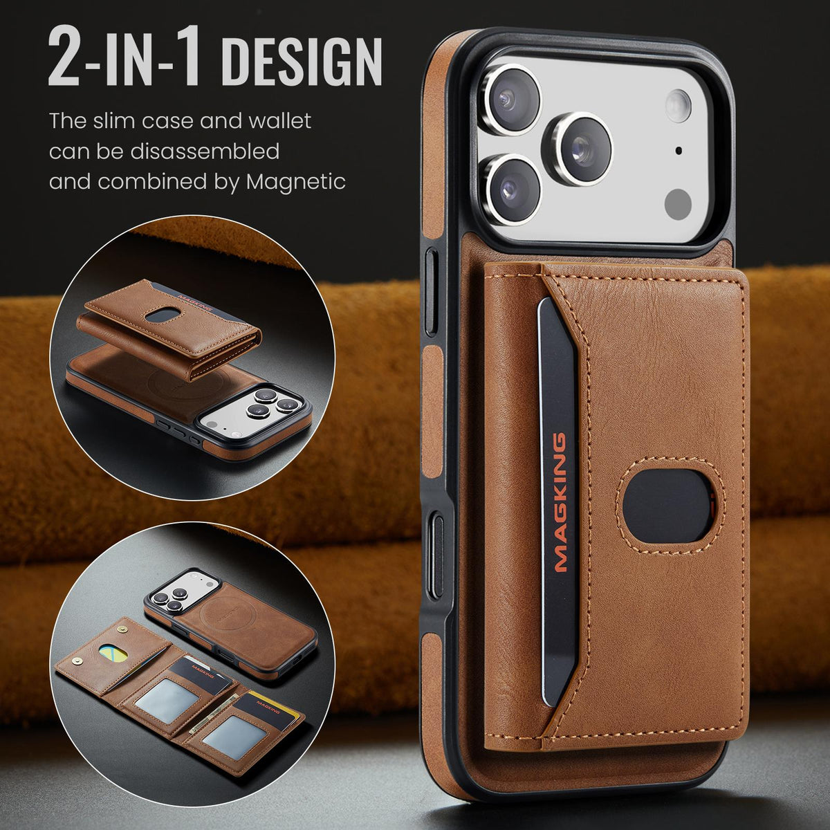 Compatible with iPhone 18 Pro Max MAGKING K5 Series RFID Tri-fold Card Bag Detachable Magnetic Phone Case - Brown