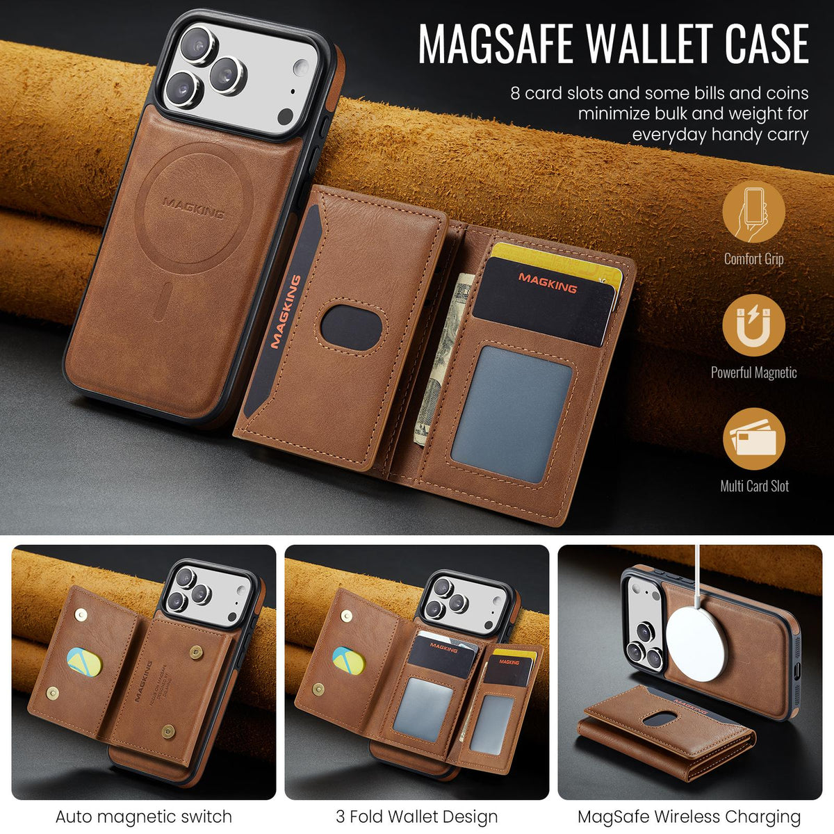 Compatible with iPhone 18 Pro Max MAGKING K5 Series RFID Tri-fold Card Bag Detachable Magnetic Phone Case - Brown