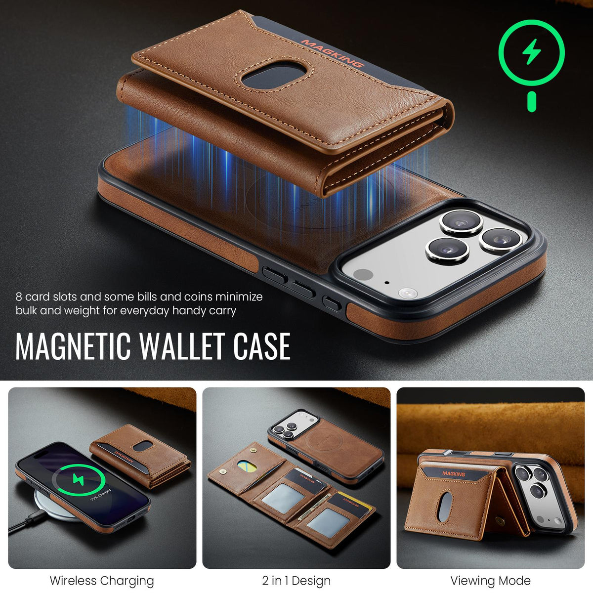 Compatible with iPhone 18 Pro Max MAGKING K5 Series RFID Tri-fold Card Bag Detachable Magnetic Phone Case - Brown