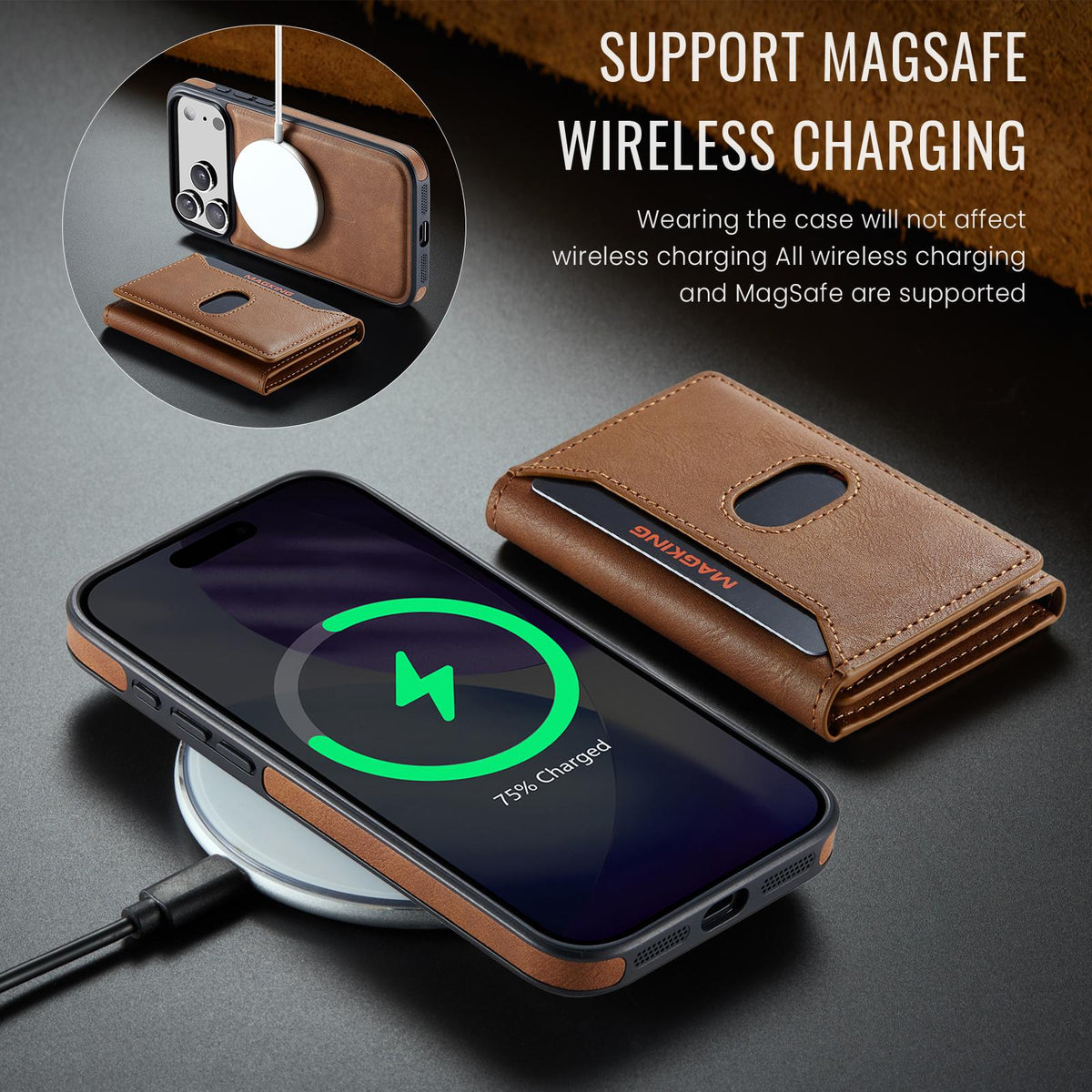 Compatible with iPhone 18 Pro Max MAGKING K5 Series RFID Tri-fold Card Bag Detachable Magnetic Phone Case - Brown