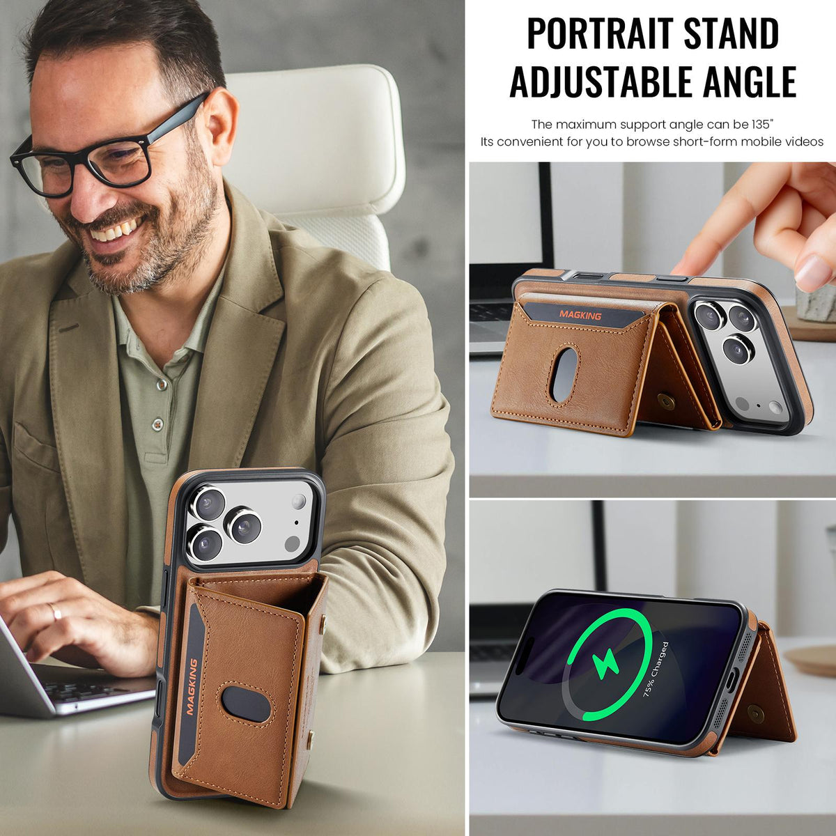 Compatible with iPhone 18 Pro Max MAGKING K5 Series RFID Tri-fold Card Bag Detachable Magnetic Phone Case - Brown