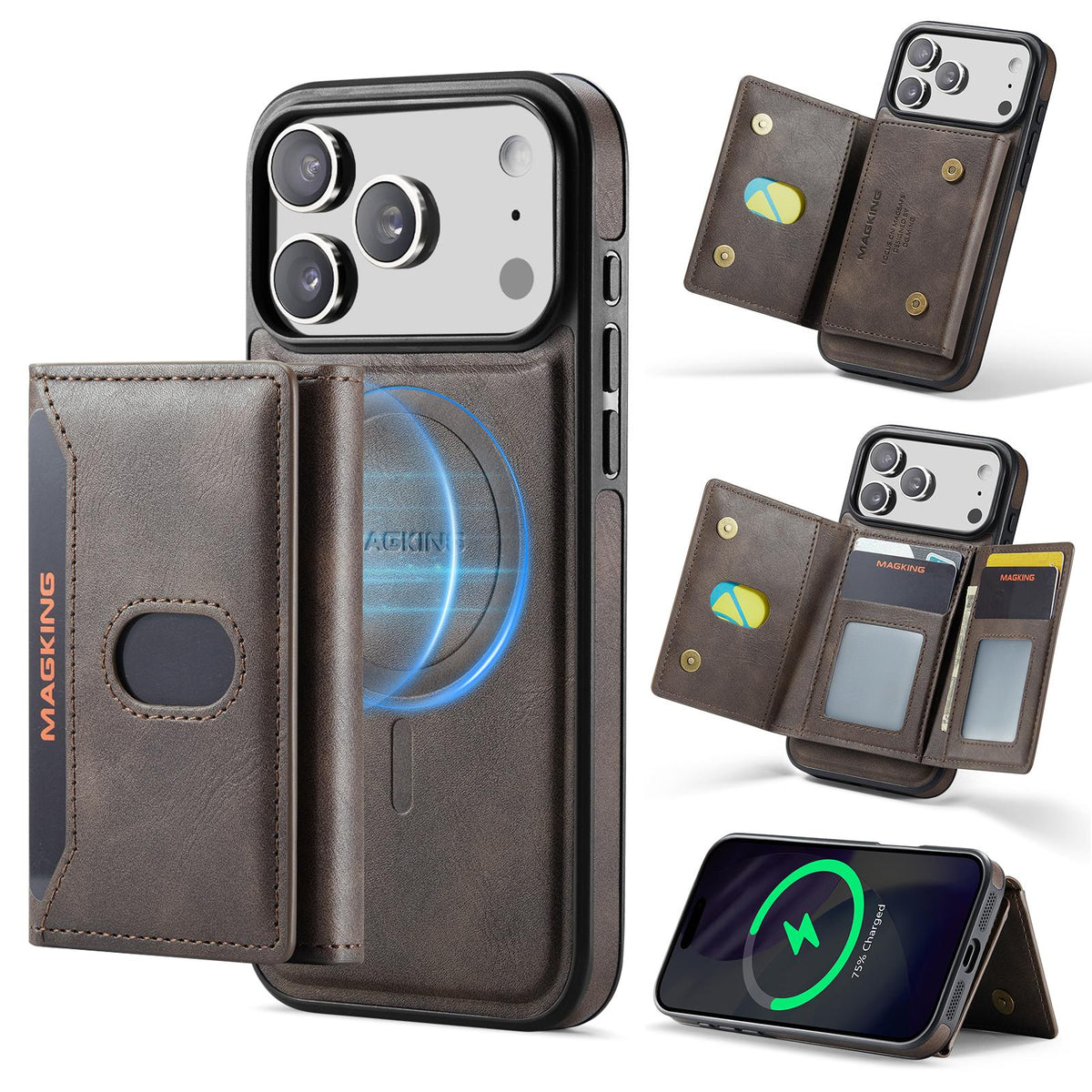 Compatible with iPhone 18 Pro Max MAGKING K5 Series RFID Tri-fold Card Bag Detachable Magnetic Phone Case - Coffee