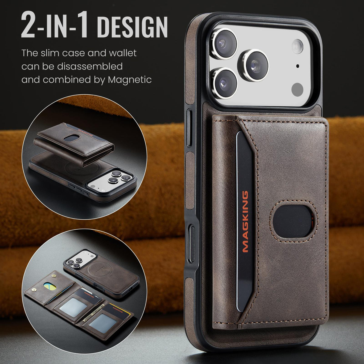 Compatible with iPhone 18 Pro Max MAGKING K5 Series RFID Tri-fold Card Bag Detachable Magnetic Phone Case - Coffee