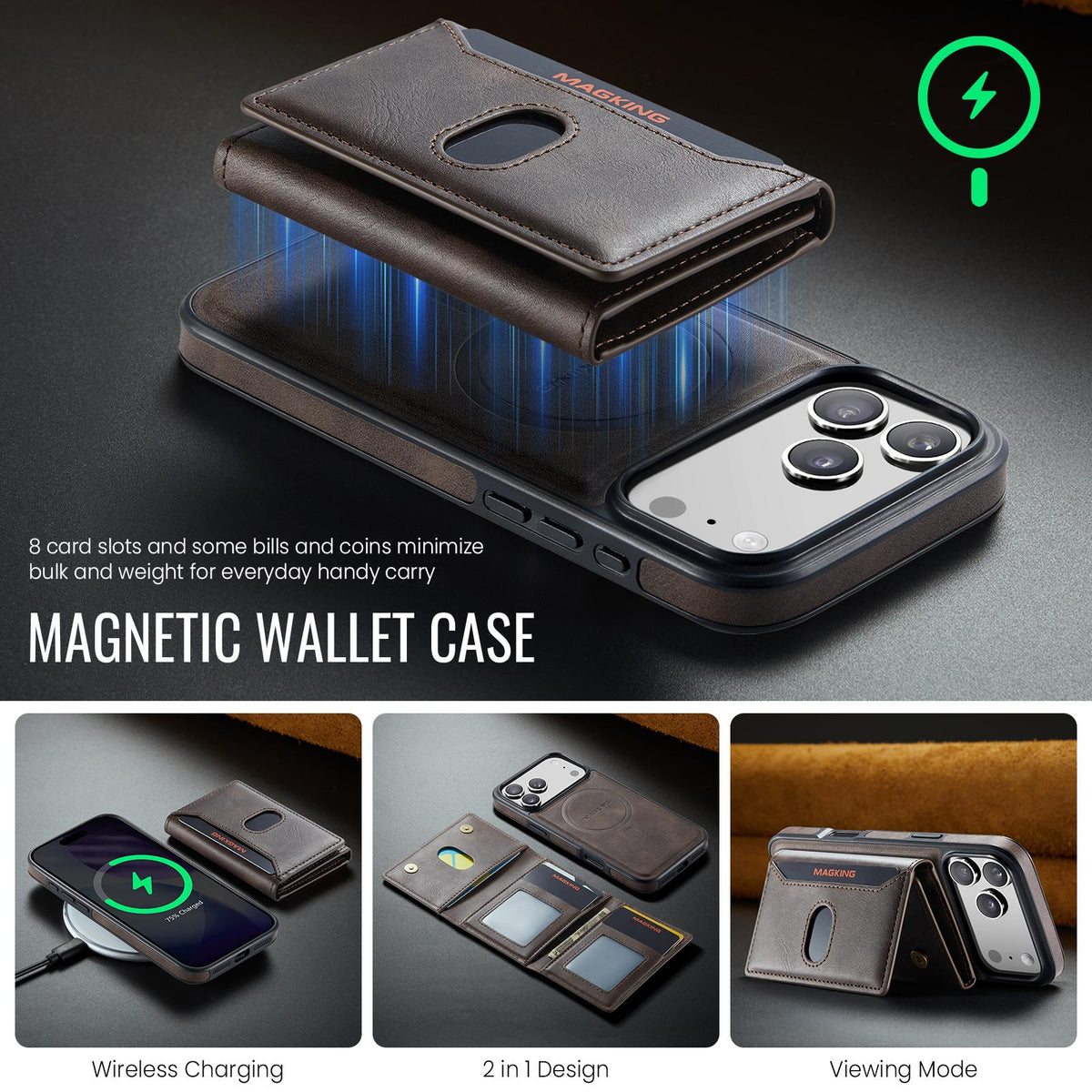 Compatible with iPhone 18 Pro Max MAGKING K5 Series RFID Tri-fold Card Bag Detachable Magnetic Phone Case - Coffee