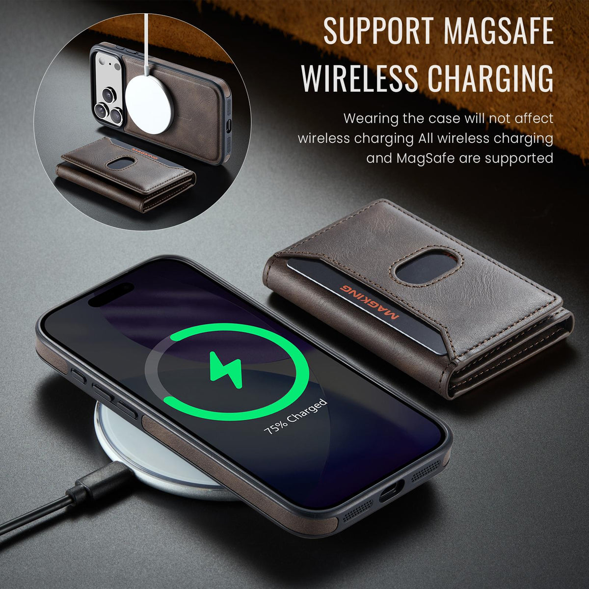 Compatible with iPhone 18 Pro Max MAGKING K5 Series RFID Tri-fold Card Bag Detachable Magnetic Phone Case - Coffee