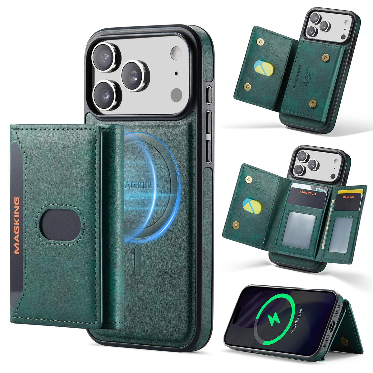Compatible with iPhone 18 Pro Max MAGKING K5 Series RFID Tri-fold Card Bag Detachable Magnetic Phone Case - Green